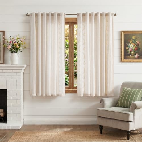 Image of jinchan Ivory Floral Linen Kitchen Tier Curtains 50x54 Inch 2 Panels