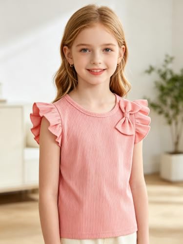 Image of Girls 4 Packs Tees Ruffle Short Sleeve T-Shirt Ribbed Knit Casual Summer Tunic Tops 4-12 Years