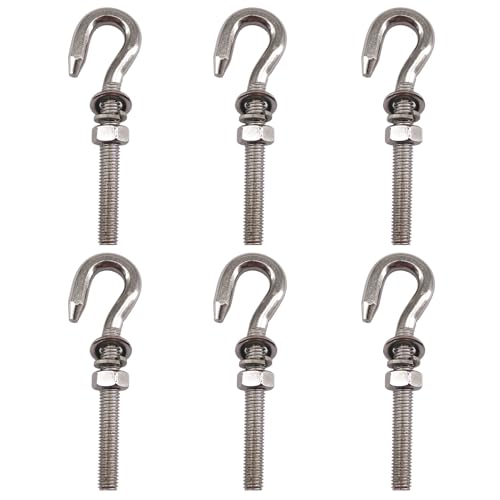 Image of M10 Long Shank Hook Bolts 304 Stainless Steel Round Hooks Eyelet Bolts Ring Screw with Washer and Nut for Yacht Boat Marine Swing Chair Yoga Hammock 6 Pack