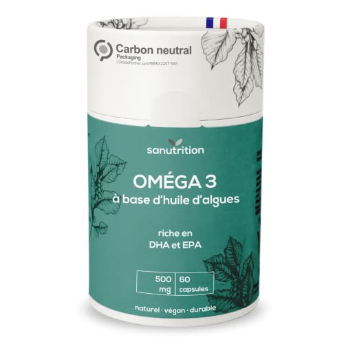 Oméga 3 d'huile d'algues 500 mg par gélule | 60 gélules | Riche en DHA 30% et EPA 15% | Bonne biodisponibilité et tolérance | Végétalien | Emballage papier 100% écologique Cover