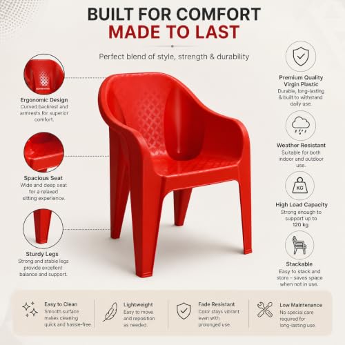 Image of Plastic Arm Chair for Home, Garden, Office, Living Room, Cafeteria Plastic Outdoor Chair | 1 Year Warranty | Color - Red | Set of 6