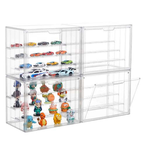 Image of Attelite Acrylic Display Case,Upgrade 4 Tiers Clear Display Case with 3 Adjustable Divider, 4 Pack Stackable Large Storage Box with Magnetic Door for Collectibles Action Figures