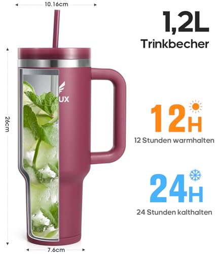Image of Drinking Bottle with Straw, 1.2 L Thermal Mug with Handle, Leak-Proof