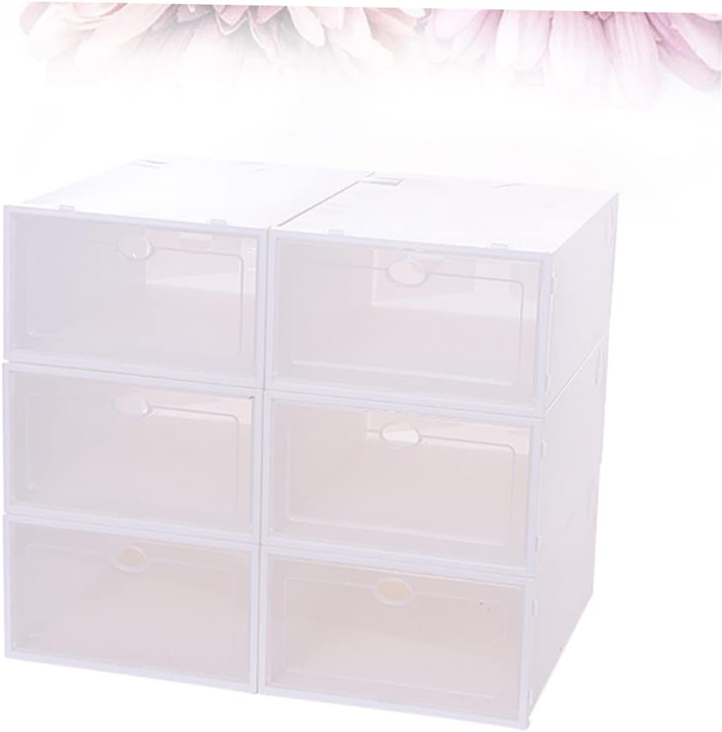 6pcs Stackable Shoe Storage Boxes Thickened Plastic Organizers for Women Space-saving Shoe Containers for Closets and Dorm Rooms White Frame Design