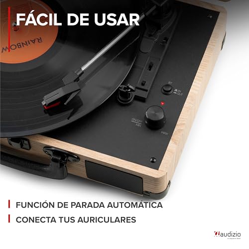 Audizio RP116LW Tocadiscos Retro con Bluetooth In/out, USB para MP3, Altavoz Integrado y 3 Velocidades – Maletín Reproductor de Vinilo en Acabado Madera Clara Ideal para Música, Estilo Vintage - imagen 3