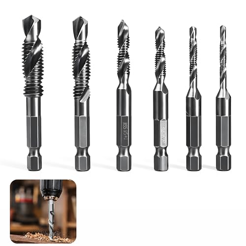 Lot de 6 Forets Taraudeurs Combinés M3 M4 M5 M6 M8 M10 avec Tige Hexagonale 6 mm, Kit Taraudage, Foret Taraudeur, Taraud Machine, Revêtement Antirouille,...