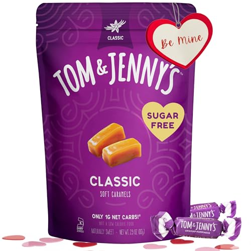 Tom & Jenny's Sugar Free Valentines Day Candy - Individually Wrapped Candy Caramels - Zero Sugar Keto (Sea Salt & Vanilla Classic Chewy Caramels)