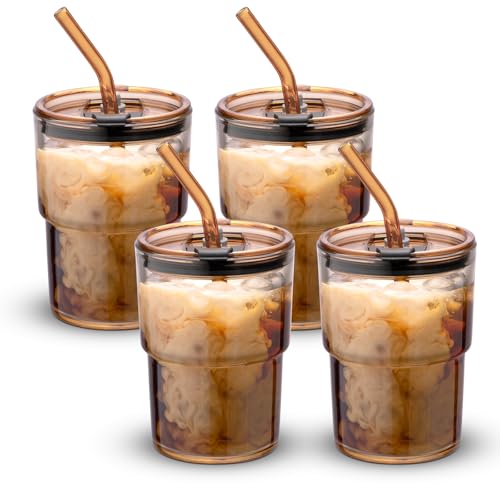 Image of BLUEPOLAR 13 oz Tumbler Water Glass, Water Bottle with Straw and Dustproof Lid, Coffee Ice Cup Double Wall Insulated Glass Cup (Amber-4pack)
