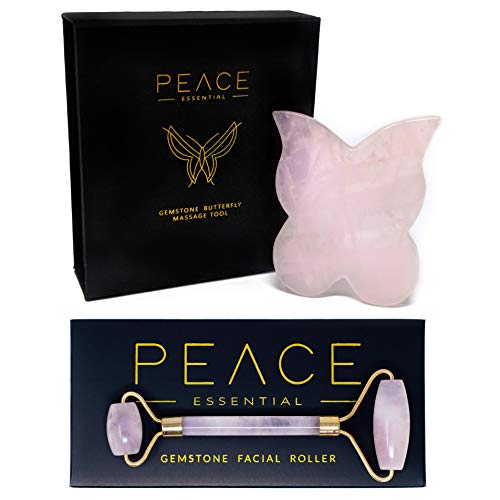 Rose Quartz Roller and Gua Sha Set | 100% Natural Rose Quartz Face Roller + Gua Sha Butterfly Scraping Stone with 3 Unique Sides for Facial + Body Massage | Perfect Gift Set