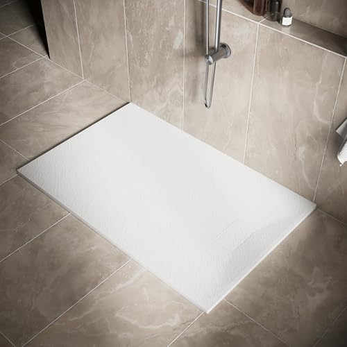 SIRHONA Receveur de Douche, 140 x 90 cm Bac à Douche Antidérapant, Rectangle Blanc, Matériau en Résine SMC, avec siphon