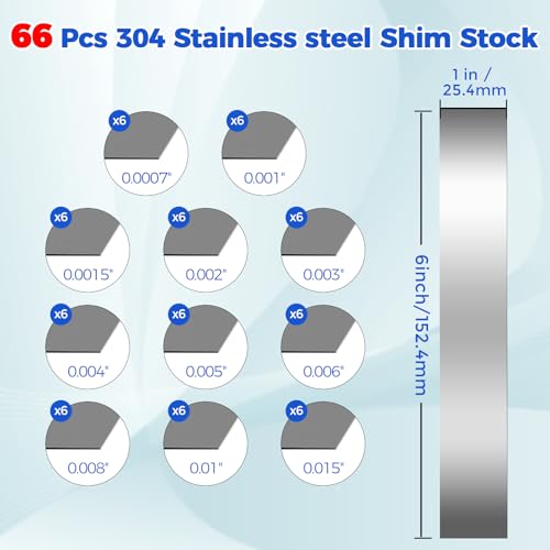 Image of 66 Pcs Shim Stock Assortment, 304 Stainless Steel Metal Shims for Leveling, 11 Thickness Sizes 0.0007 inch-0.015 inch, 1 inch Width x 6 inch Length Aluminum Steel Shim Stock Strips for Gap Filler, Alignment & DIY