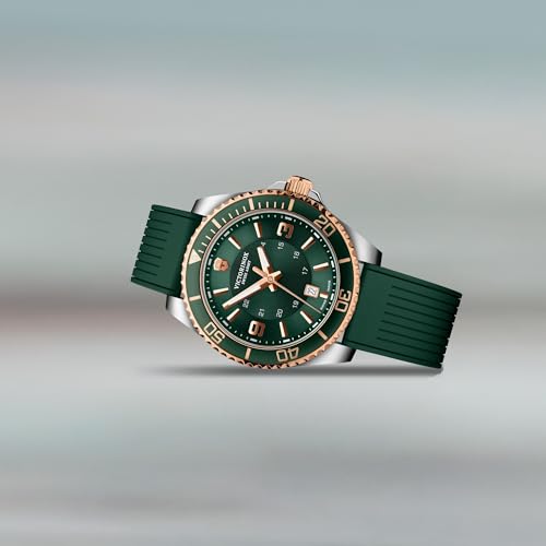 Image of Victorinox Maverick 43 mm, Silver Stainless Steel Case, Rose-Gold Stainless Steel Bezel, Green Dial, Green Rubber Strap Men's Watch, 249182