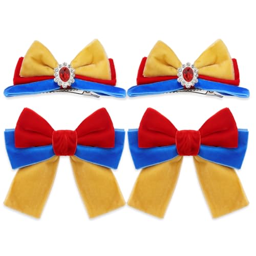Wecoe 4pcs Velvet Bow Hair Clips Red Yellow Blue Princess Hair Bows Barrettes Bowknot Halloween Costume Hair Accessories for Girls and Women
