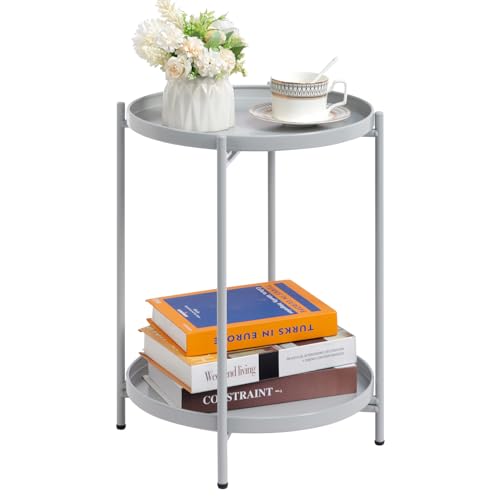 HollyHOME Table D'appoint Ronde Métal Petite Table Basse 2 Etages Bout de Canapé pour Salon Chambre Balcon Terrasse Jardin, Gris