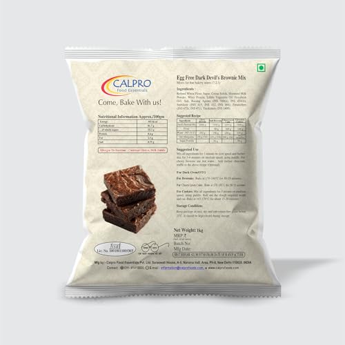 Image of Calpro's Egg-Free Dark Devil Brownie Mix ! Rich Chocolate Flavour! Fudgy & Crust Quick and Easy to Make ! Cake Mix for Kids -100% Vegetarian : Mix 1KG