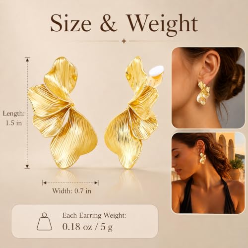 Image of Gold Flower Clip On Earrings for Women, Statement Textured Petal Flower Earrings with Soft Cushion Pads, Lightweight Non Pierced Floral Jewelry