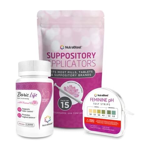NutraBlast Boric Acid Vaginal Suppositories 600mg (30 Count) w/Disposable Vaginal Suppository Applicators (15-Pack) and Feminine pH Test Strips 3.0-5.5 (100 Tests Roll) Cover