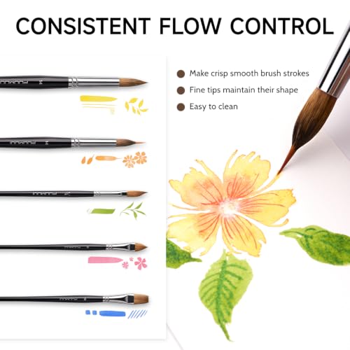 Image of Watercolor Brush Set, Fuumuui 7pcs Professional Sable Paint Brushes with Extended Needle, Round Point, Flat, Dagger, Cat's Tongue for Watercolor, Acrylic, Gouache - Detail & Wash Painting