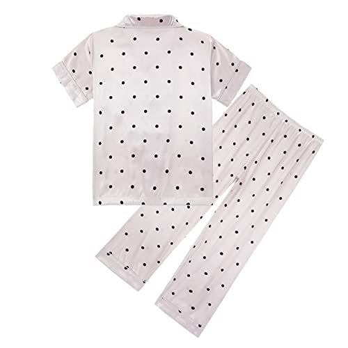 Boy Girl Satin Summer 𝐏ajamas Sets Button-Down Silk Sl𝐞epwear 2 Piece Polka Dot Short Sleeve Loung𝐞wear Outfits for Kids4