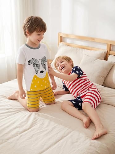 Image of Little Boys Short Set Pajamas for Boys 100% Cotton Toddle Firetruck Dinosaur Sleepwear Summer Clothes Size 2-7T