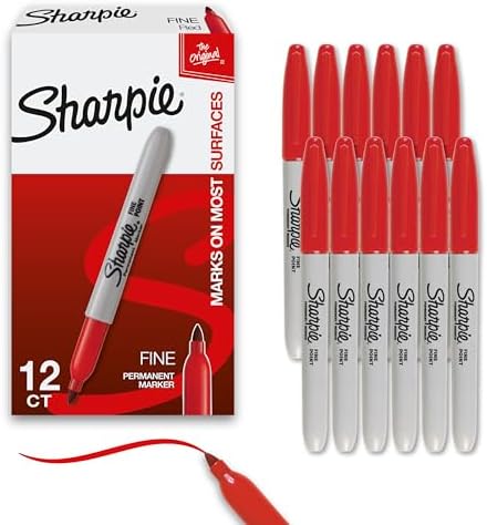 Sharpie Permanent Markers, Fine Point, Red, 12 Count