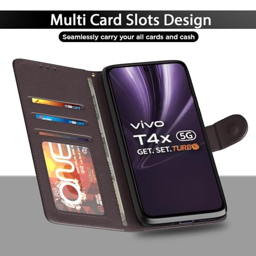 Image of Amazon Basics Flip Cover for Vivo T4x 5G / iQoo Z10x 5G Leather Finish | Wallet Stand and Shock Proof | Inside TPU with Card Pockets | Complete Protection Flip Case(Coffee)