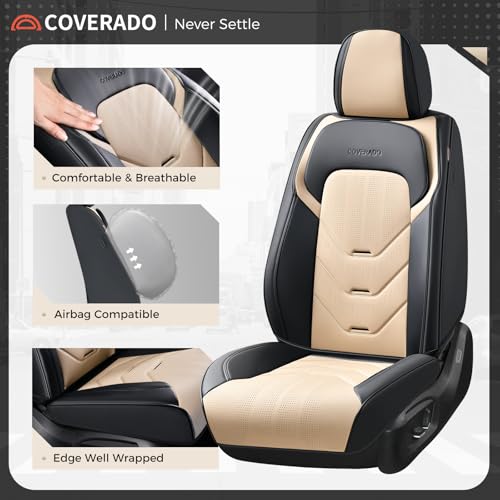 Image of Coverado Front Seat Cover, Black&Beige Seat Cover for Cars, Waterproof Leather Car Seat Cover, Front Car Seat Protector Driver Seat Cover, Car Seat Cushion Universal Fit for Most Sedans SUV Trucks