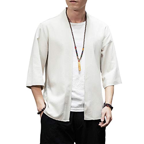 Image of PRIJOUHE Men's Kimono Jackets Cardigan Lightweight Casual Cotton Blends Linen Seven Sleeves Open Front Coat Outwear