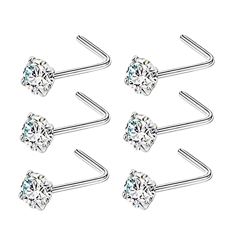 316L Surgical Steel Nose Studs L Shaped 6pcs Silver / Clear 3.0mm 22 Gauge