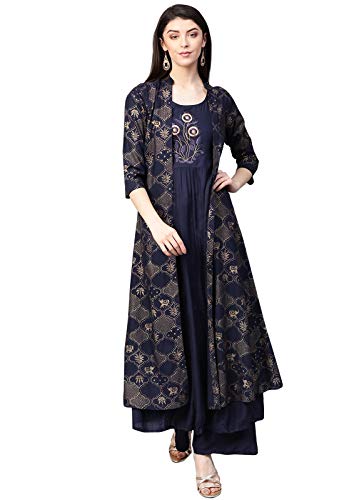 60% OFF on Ishin Women's Rayon Navy Blue Embroidered Anarkali