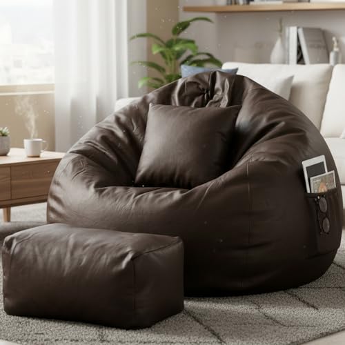 Image of Luxury 5XL Jumbo Bean Bag with Footrest & Cushion | Premium Leatherette | High-Density Beans Filled | Heavy Duty Double Stitch | 6 Months Warranty Color- (Navy Blue) (Dark Brown)