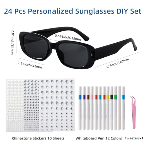 24 Pcs Personalized Sunglasses Bulk Custom Retro Rectangle Sunglasses 90’s Vintage Fashion Narrow Square Frame Glasses Shades with 12 Colorful Markers 1928 Crystals for Adult2