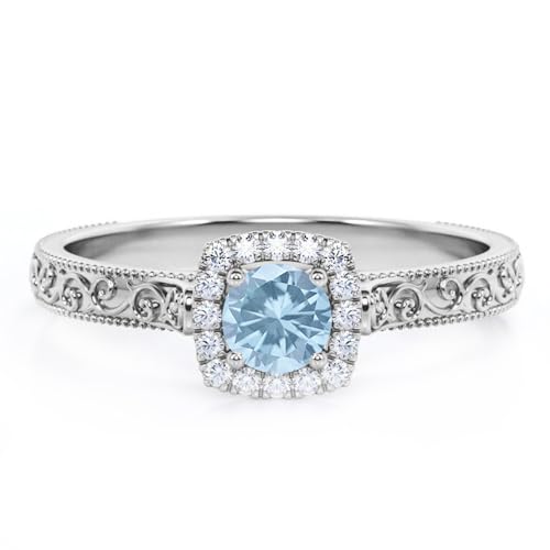 Aihpos 1ct 1.5ct 2ct Aquamarine Engagement Ring - Round Aquamarine Rings for Women White Yellow Rose 10K 14K 18K Gold 925 Sterling Silver with Moissanite Aquamarine Proposal Ring