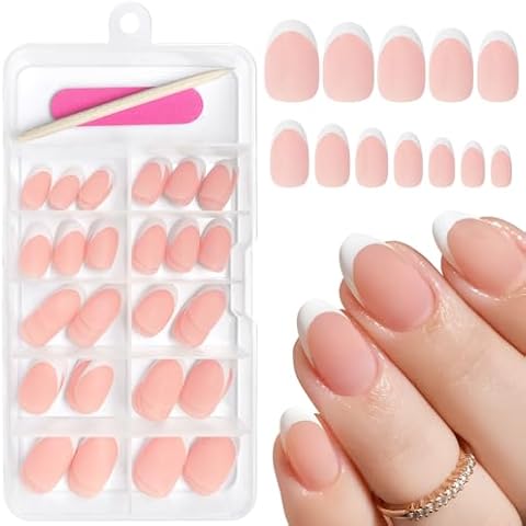 AddFavor French Tips Press on Nails Medium Oval Fake Nails, 120pcs White French Nails Press on Oval Nude Acrylic Nails Full Matte Artificial False Glue Nail Tips with Adhesive Tabs Cover