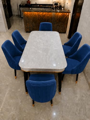 Image of WOODEN SPACE 6-Seater Wooden Dining Table Set | Nano Composite Marble Top | Solid Wood Base | Modern Dining Room Furniture with 6 Chairs (Navy Blue Infinity Backline)