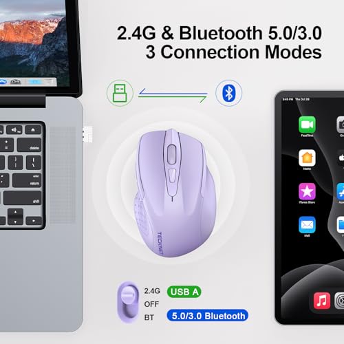 Image of TECKNET Wireless Mouse, BT 5.0 /2.4G, Rechargeable 6-DPI Silent, Lavender | Bluetooth 5.0 /3.0 & USB A, 2-Device Easy Switch, Wide OS Compatible, 6 Buttons, 6-DPI up to 4800, Ergonomic for S to M Hands