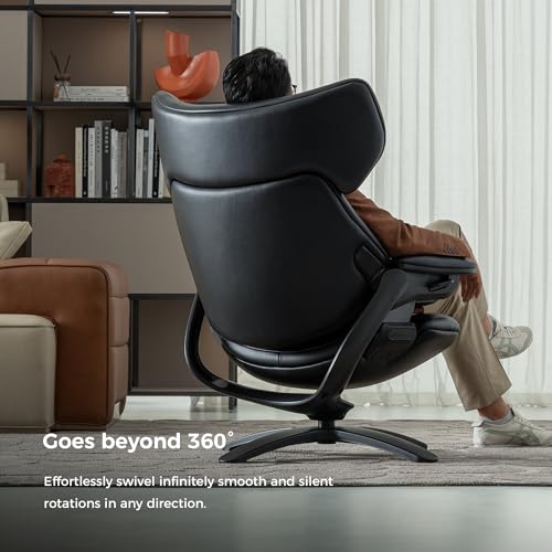 Image of TOMU Genuine Leather Reclining Swivel Chair with Adjustable Headrest and Ottoman for Living Room, Executive Office, Bedroom,Study. Real Leather Luxury Recliner for Reading and Relax (Black)