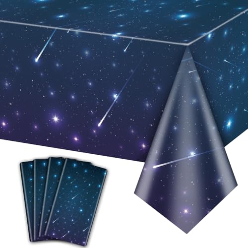 4 Pack Galaxy Tablecloths Starry Night Tablecover Supplies 51x87 Plastic Galaxy Table Cover for Space Theme Party Decorations Kids Birthday Outer Space Stars Theme Party Decor