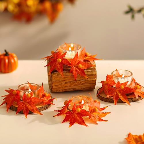 Hewory Herbstdeko Innen Teelichthalter Tischdeko: 4 Stück Herbst Dekoration Kerzenhalter Glas mit Herbst Girlande - Fall Decor Aesthetic Wohnzimmer Tisch Deko Boho