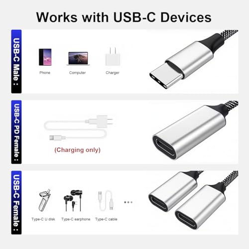 Image of Verilux PD 60W USB Splitter 1 in 3 Out, 3-in-1 Type C to A Cable with A Double Dual Port for Charging & 480Mbps Data Sync, Nylon Braided Type-C Hub with Aluminum Housing for iPhone 17 /16 /15, Laptop