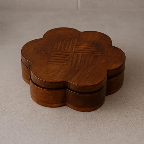 Image of Ikari Homes Wooden Masala Box, Round Shape Spice Container with 7 Compartments and Lid I Healthy & Plastic Free I Magnetic Closure I Hand crafted Carved Design I Big Size 10 in x 4 in
