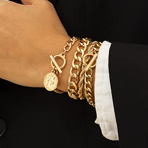 Boho Fashion Dainty Boho Gold Silver Chain Stackable Bracelets Set for Women Adjustable Beaded Coin Chunky Flat Cable Chain Punk Bracelets Jewelry for Women Gift Set of 42