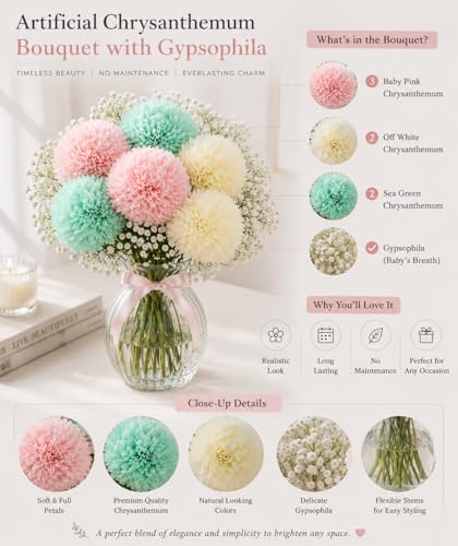 Image of Divyakosh Artificial Chrysanthemum Flower Bunch for Vase (Vase not Included) | Multicolor Pom-Pom Flowers with Gypsophila Fillers | Decorative Flowers for Home Dcor, Living Room, Table & Events |