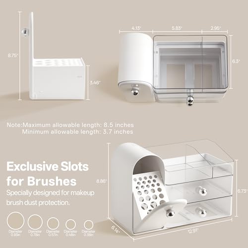Image of HBlife Makeup Organizer Countertop with Drawers, Vanity Organizers with Brush Holder, Bathroom Counter Organizer for Perfume, Nail Polishes, Lipsticks, Skincare and Eyeshadow Palettes, White Sliver