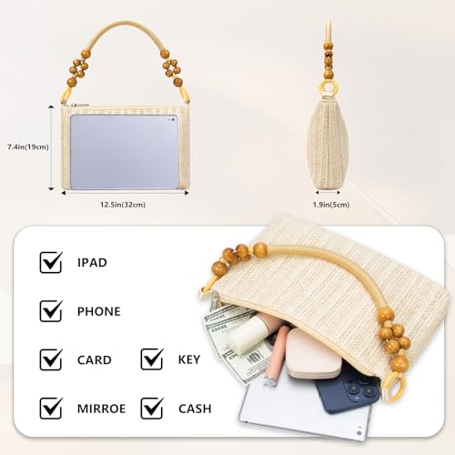 Image of YYW Straw Beach Bag with Zipper Straw Purse Beach Purse Weave Shoulder Vacation Tote Handbags