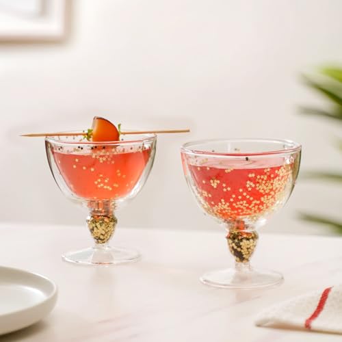 Image of Nestasia Glass Set Of 2 Double Wall Goblets | 250Ml, Gold Star-Shaped Sequins, Dishwasher Safe, Stemmed Design, Elegant Drinkware For Wine, Iced Lattes, Brandy & Mocktails