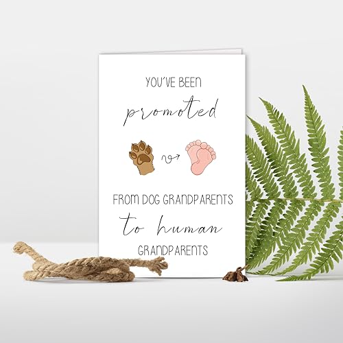 Image of Funny Pregnancy Announcement Card, 'Promoted from Dog Grandparents to Human Grandparents' Baby Reveal Card, Cute Keepsake Gift for New Grandma & Grandpa