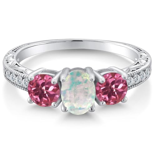 Gem Stone King 1.75 Cttw White Simulated Opal and Pink Tourmaline Engagement Ring For Women | 925 Sterling Silver | Oval 7X5MM and Round 5MM | Available in size 5, 6, 7, 8, 93