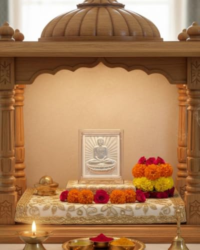 Image of Silver 999 Bal Shree Mahavir Swami Photo Frame for Pooja, Car Dashboard | Vardhamana Sanmati Ativira Jina Nayaputta Unique Jain God Frame for Home, Office, Living Room, Spiritual Puja Room, Wedding Return Gifts- 11x9x4 CM
