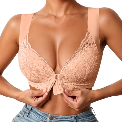 Sujetador push-up sin aros 2026 Encaje con cierre frontal Almohadillas no extraíbles para mayor comodidad Estilo en la vida cotidiana, Oro Rosa, M